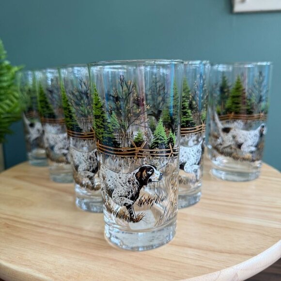 12 Vtg 70s Libbey Glassware On Pointi Hunting Bird Dog Glasses 12 Oz NOS - Picture 1 of 9